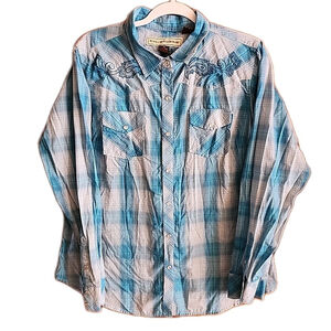 Bit & Bridle Women's XL Western Shirt Pearl Snap Blue Plaid Embroidered Rodeo A1